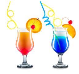 Set of cocktails or mocktails in classical glasses with lime. cherry and mint isolated on white background. Clipping path