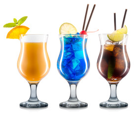 Set of cocktails or mocktails in classical glasses with lime. cherry and mint isolated on white background. Clipping path
