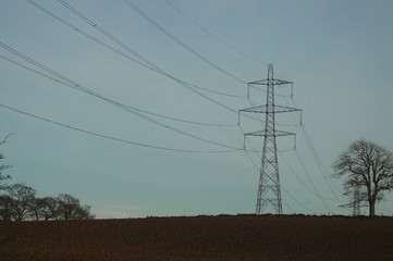 Electricity Pylon silhouette in a field near Crieff on the controversial Beauly to Denny Line