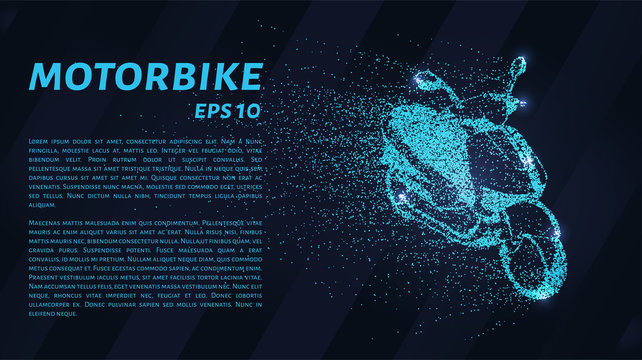 Motorcycle from of particles. The bike consists of dots and circles. Blue motorcycle on a dark background.