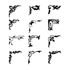 Hand drawn corner set vintage style. Traced by hand from own sketch. Collection black floral decorative element