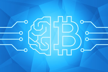 Bitcoin cryptocurrency concept. Brain and btc sign on blue triangles background illustration. Intelligance technology.