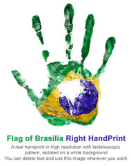 Imprint of the right hand the colours of the Brazilian flag on a white background.