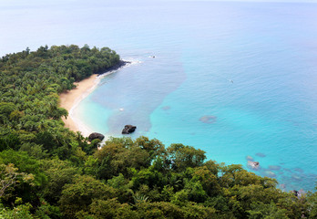 Beautiful banana beach with its turquoise waters and lush jungle on Principe island, Sao Tome and...