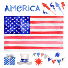 Watercolor style illustration of decoration set for Independence day, July 4th holiday celebration