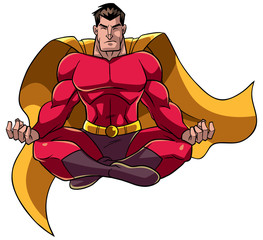 Front view full length illustration of a superhero sitting in lotus position while meditating during yoga practice isolated on white background for copy space © Malchev