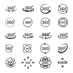 360 degree views of vector circle icons isolated from the background. Signs with arrows to indicate the rotation or panoramas to 360 degrees. Vector illustration isolated on white background.