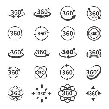 360 degree views of vector circle icons isolated from the background. Signs with arrows to indicate the rotation or panoramas to 360 degrees. Vector illustration isolated on white background.