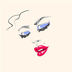 Young beautiful woman fashion portrait face with red lipstick and blue eyeshadow hand drawn illustration