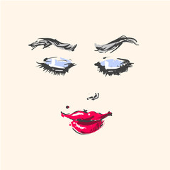 Young beautiful woman fashion portrait face looking down with red lipstick and blue eyeshadow hand drawn illustration