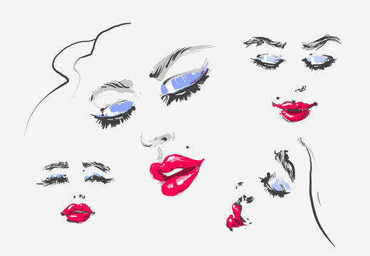 Vector set beautiful women icon portraits with different haircut and oval type faces hand drawn fashion sensual illustration