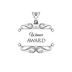 Winner cup. Trophy. Swirls, filigree ornate frames. First place, Winner award. Reward. Prize icon. Vector.