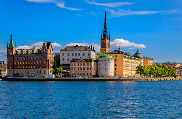 View onto Stockholm old town Gamla Stan and Riddarholmen church in Sweden