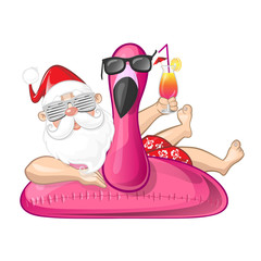 Santa Claus on summer vacation with flamingo inflatable swim ring - sunglasses © Anura.dsgn
