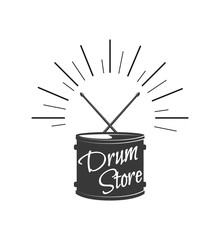 Drum symbol, sticks. Musical instrument. Drum store shop logo label. Vector.