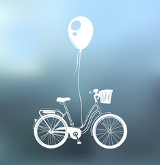 Bicycle, balloon, basket. Greeting card, postcard design. Vector illustration.