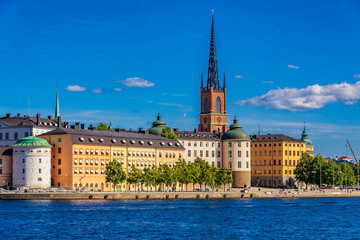 Fototapeta na wymiar Panoramic view onto Stockholm old town Gamla Stan and Riddarholmen church in Sweden