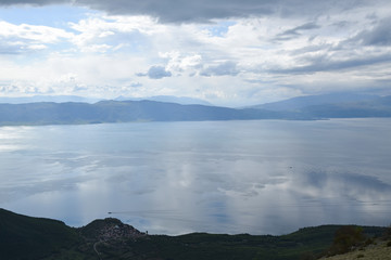 Ohrid Lake with boats, top view. Trpejca Village, Macedonia.