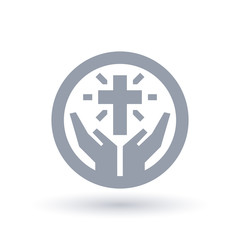 Religious Christian cross with hands of worship icon in circle outline. Faith of Christianity concept symbol. Church praise sign. Vector illustration.