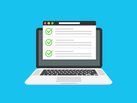 Checklist browser window. Check mark. White tick on laptop screen. Choice, survey concepts. Elements for web banners, websites, infographics. Flat design, vector illustration on background.