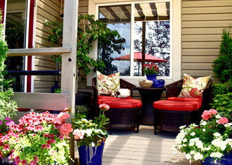 Outdoor patio and deck in landscaped urban oasis on relaxing afternoon