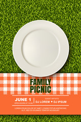 Vector realistic 3d illustration of plate, red plaid on green grass lawn. Picnic in park. Banner, poster design template - 199850508