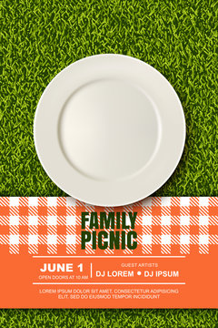 Vector realistic 3d illustration of plate, red plaid on green grass lawn. Picnic in park. Banner, poster design template