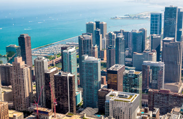 Chicago Skyline top view with skyscrapers at Michigan lakefront from the John Hancock Center,...