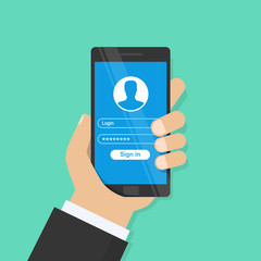 Login form page. Registration, authentication, authorization concepts. Hand holds the smartphone and finger touches screen. Flat cartoon design, vector illustration on background.