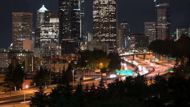 Seattle Downtown Skyline and Freeway Traffic Time Lapse