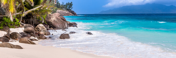 Seychelles, Paradise beach. La Digue at Anse Lazio, Source d’Argent. Background.