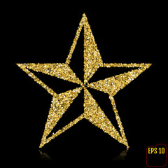 Golden Christmas Star isolated on white Background. Top View. Gold stars confetti concept