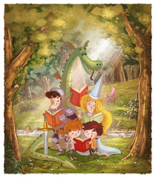dragon,princesa,caballero con niños y libros