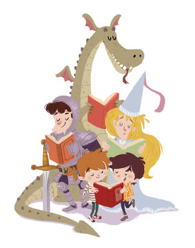 dragon,princesa,caballero con niños leyendo