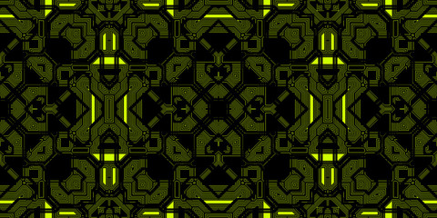 Black Yellow Seamless Techno Lines Pattern. Futuristic Geometry Background. Laser Technical Design...