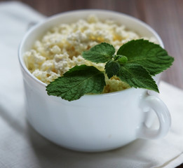  Cottage cheese with mint in white bowl  close up