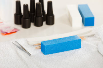 Professional gel hybrid manicure set at beautician salon