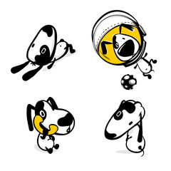 Cute dog calling phone sticker set. Monochrome puppy collection design. Simple black white sketch vector illustration design. Comic character active funny animal pet. Happy friendly doggy collection.