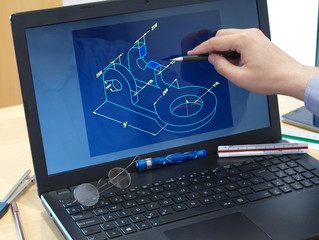 engineer working at laptop computer on cad mechanical piece design - obrazy, fototapety, plakaty