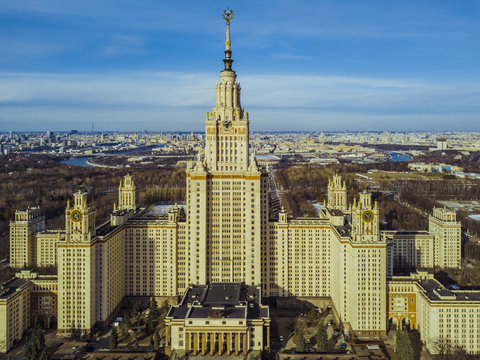 aerial moscow state university on a sunny spring day panorama view