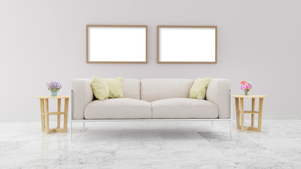 Bright color modern interior of living room,Cloth sofa ,soft yellow pillow and jar of plant with marble floor and photo frame mock up.Interior room with copy space concept.3D rendering