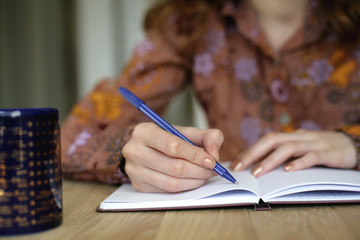 Close up of business woman writing notes in notebook; selective focus background. 