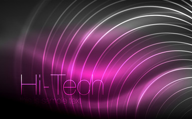 Circular glowing neon shapes, techno background. Abstract shiny transparent circles on dark technology space