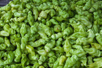 Fresh green peppers for sale in market.