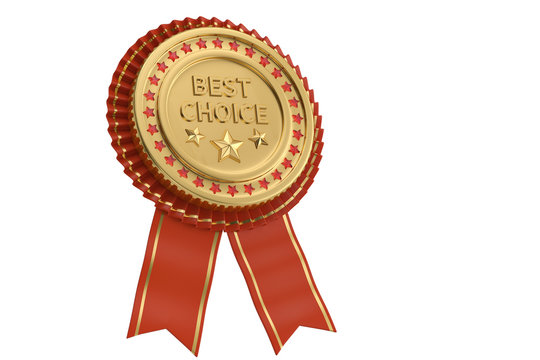 Red ribbon best choice award isolated on white background. 3D illustration.