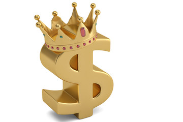Golden dollar sign and crown on white background. 3D illustration.