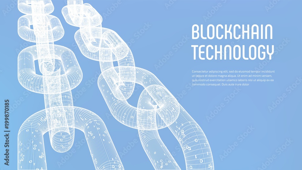 Wall mural block chain. crypto currency. blockchain concept. 3d wireframe chain with digital code. editable cry