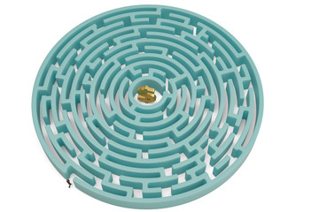 Businessman with a maze and a dollar sign business and success challenge concept. 3D illustration.