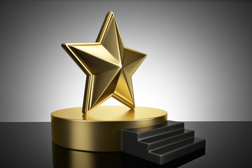 Gold podium with star on blank background. 3D illustration.