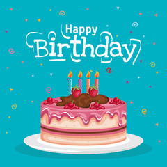 happy birthday cake celebration card vector illustration design